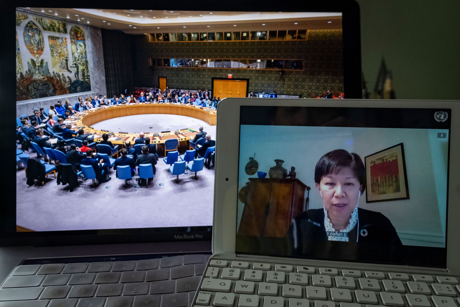 Izumi Nakamitsu briefing the Security Council via videoconference