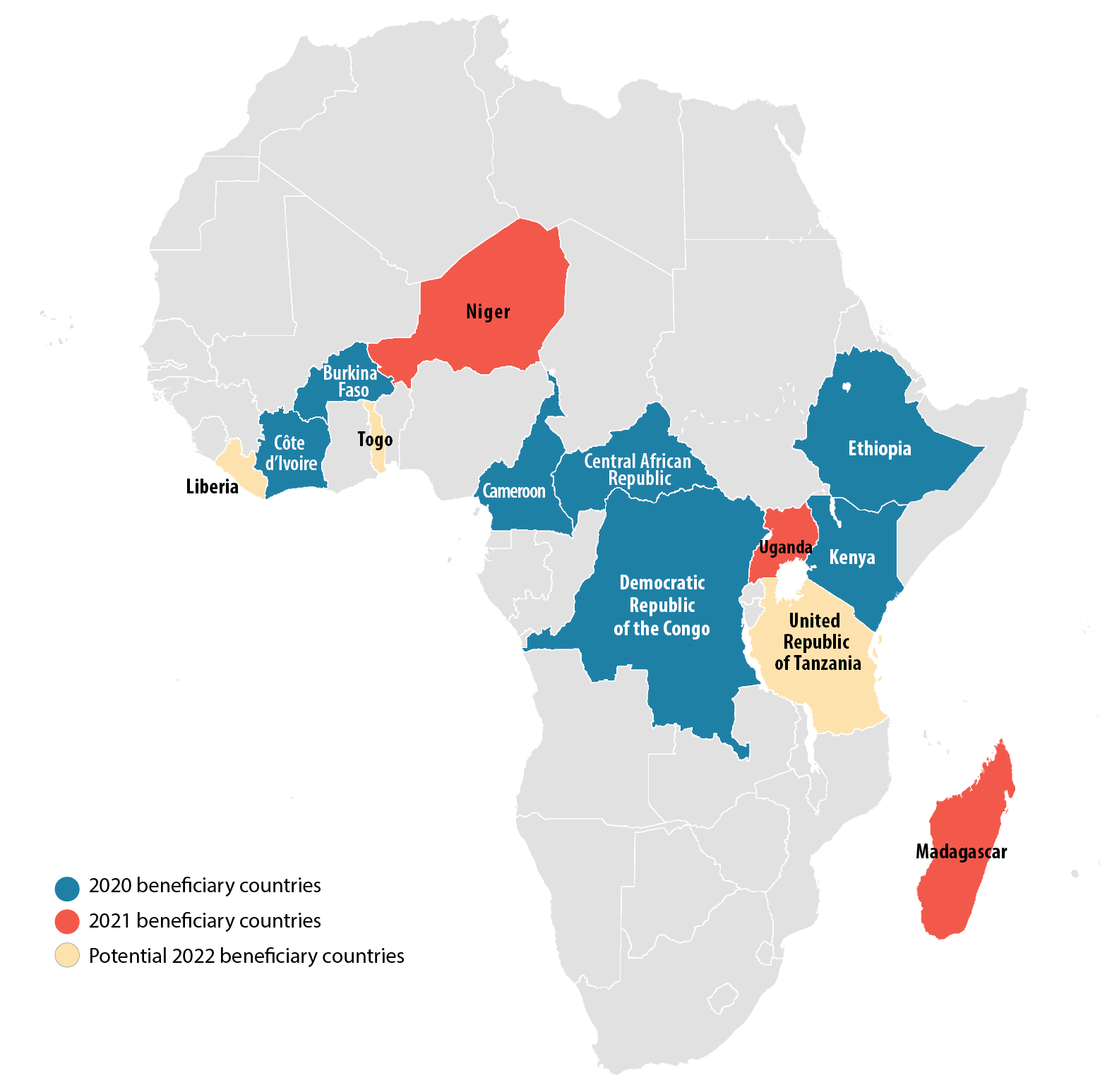 Map of Africa showing beneficiary countries from 2020 to 2021, as well as potential 2022 beneficiary countries
