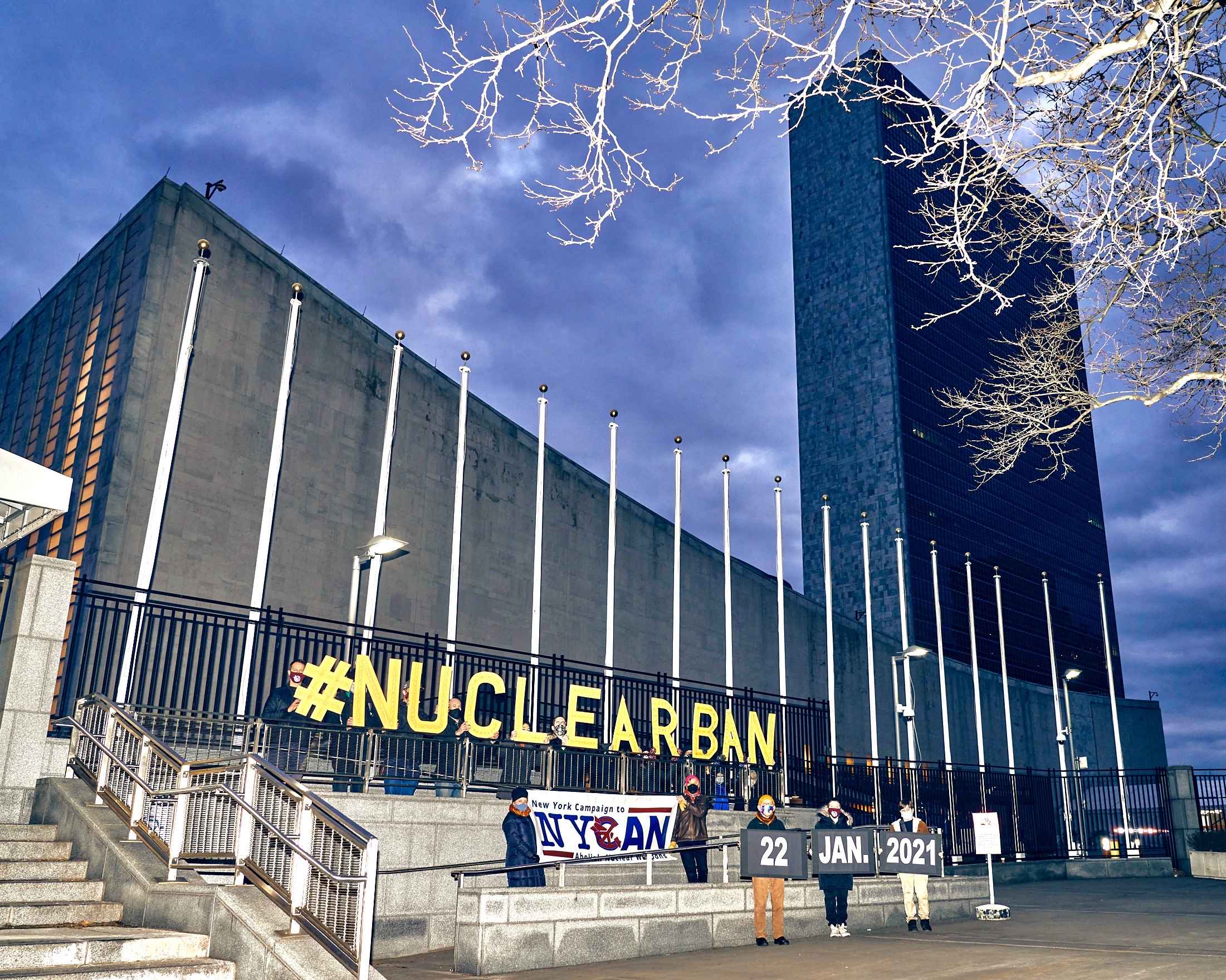 United Nations Headquarters with "#NuclearBan" banner